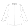 Teknisk tegning af kokkejakke forfra med lange ærmer og ærmelomme på venstre side.
