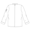 Teknisk bagtegning af kokkejakke med enkel ryg og diskret kravedetalje.