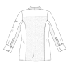 Teknisk bagtegning af kokkejakke til kvinder med ventilerende ryg og ergonomisk snit.