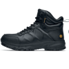 Vandtæt arbejdssko i sort med forstærket hæl og stødabsorberende sål, set fra venstre side.