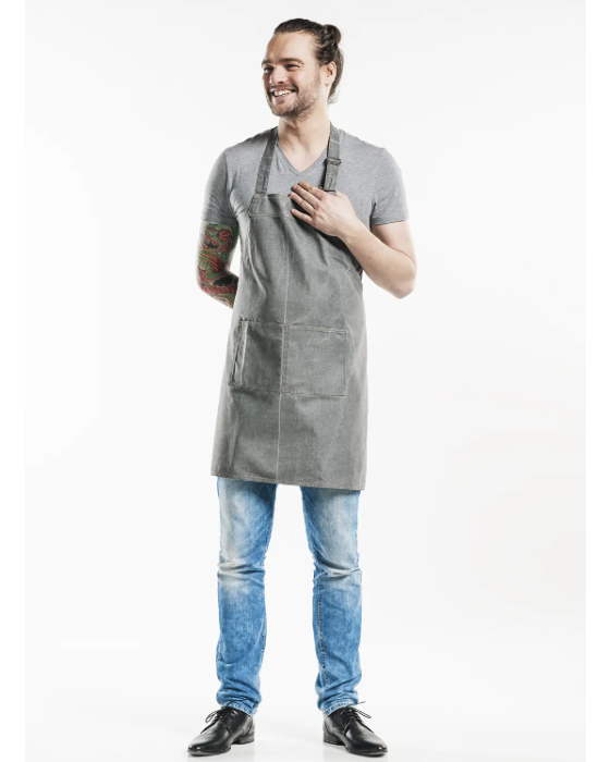 Grå denim forklæde 70x75 med logobroderi 