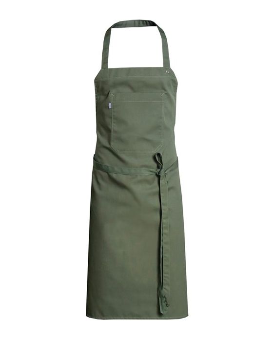 Forklæde med brystlomme i moderne grøn farve. Justerbar nakkestrop og fleksible bindebånd sikrer optimal pasform.
