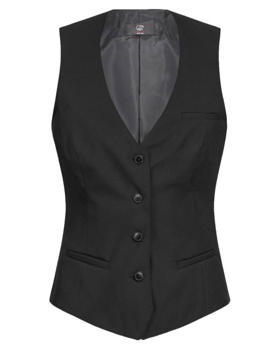 Figursyet sort dame tjenervest med vaskbarhed ved 30 grader – Perfekt til uniformering.