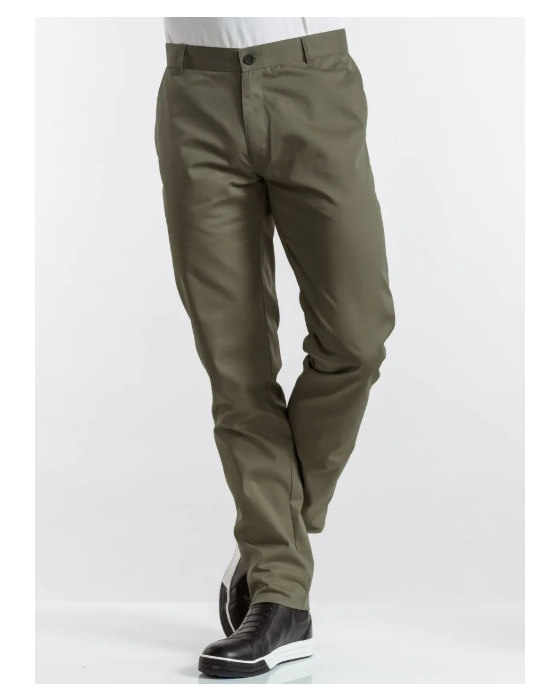 Olivengrønne kokkebukser i lige pasform med lynlås og knaplukning, vist forfra.