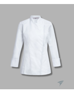 Hvid dame kokkejakke med flot syning og skjulte trykknapper