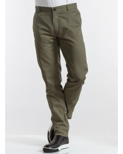 Olivengrønne kokkebukser i lige pasform med lynlås og knaplukning, vist forfra.