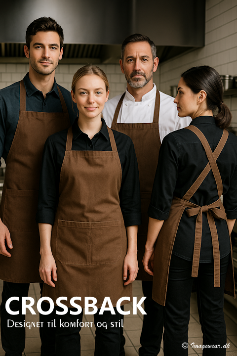 Restaurant staff in Crossback aprons with cross straps &ndash; seen from the front and back in an operational situation