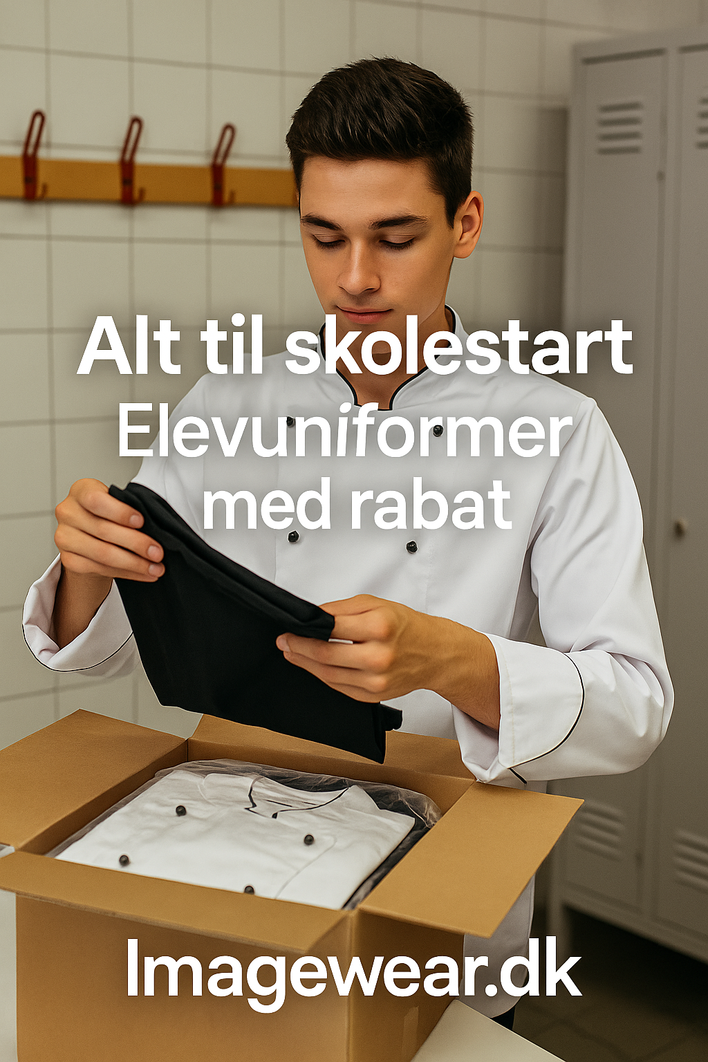 Student in chef's uniform unpacks uniform &ndash; Student uniform with discount at Imagewear.dk