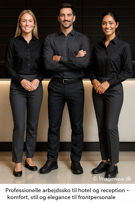 Receptionister og front desk-personale if&oslash;rt uniforms-skjorter og komfortable arbejdssko i moderne design