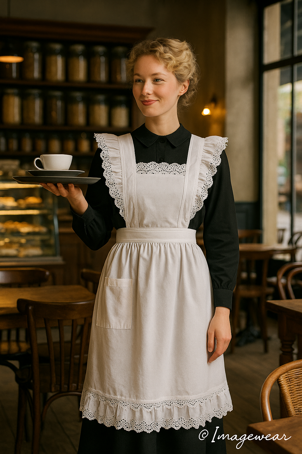 Old-fashioned apron with lace and ruffles in caf&eacute;