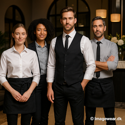 Four professional waiters and receptionists wearing modern uniforms in a restaurant and hotel environment &ndash; focus on style, comfort and uniform branding