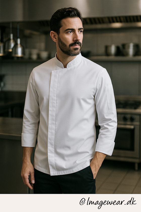 Professional chef wearing white long-sleeved chef jacket in modern commercial kitchen &ndash; Imagewear.dk