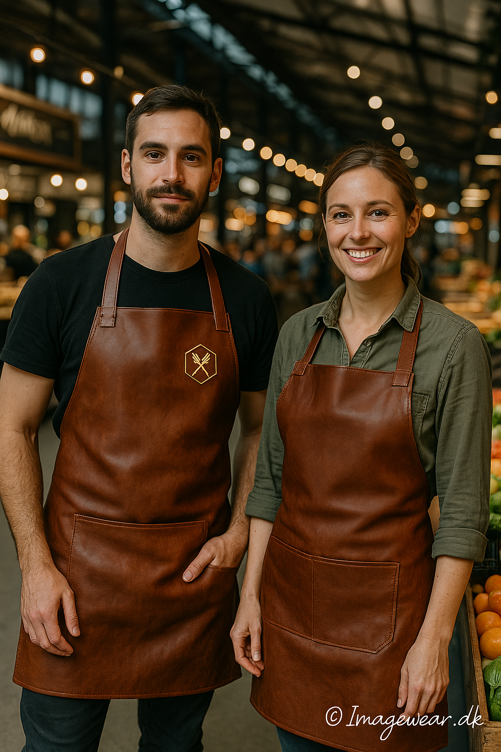 Man and woman in leather aprons in food hall &ndash; professional expression from Imagewear.dk