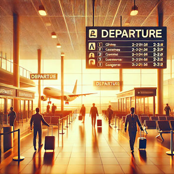 Cabin crew og forretningsrejsende i en travl lufthavn terminal.