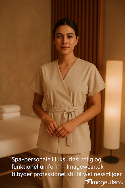 Woman in spa uniform with beige tunic and calm expression in wellness surroundings &ndash; Imagewear.dk