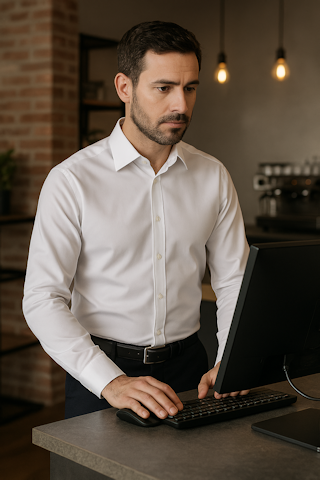 Man in white non-iron shirt working at reception - uniform clothing for the service industry