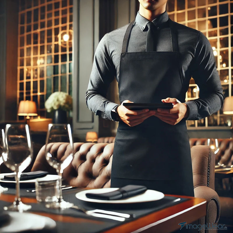 Waiter in modern uniform with tailored shirt and apron in an exclusive restaurant environment that emphasizes professionalism and style.