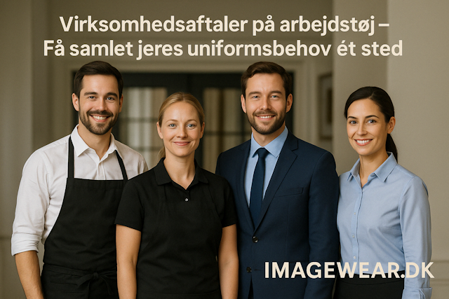 Fire professionelle medarbejdere i uniformer &ndash; tjener, receptionist, hotelv&aelig;rt og butikschef &ndash; i en virksomhedsaftale med Imagewear.dk